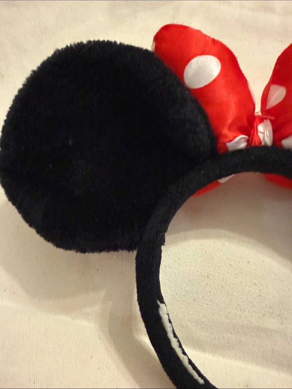 Disney World Parks Minnie-Style Black Ears Headband with Red Polka Dot Bow Fuzzy